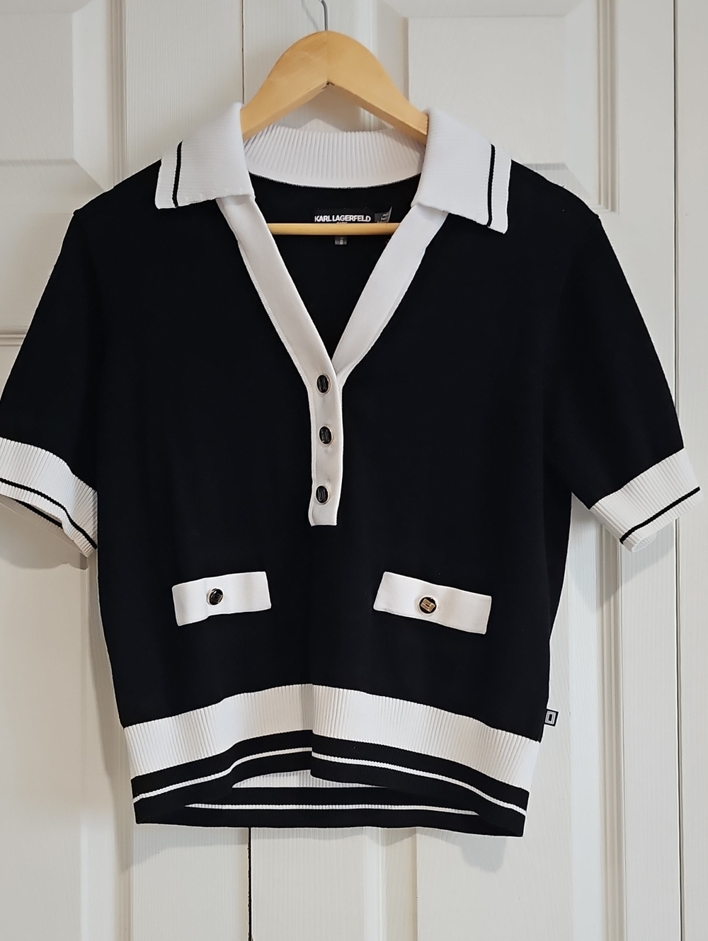 Karl Lagerfeld Paris Black & White Knit Polo Top Size M Preppy Designer